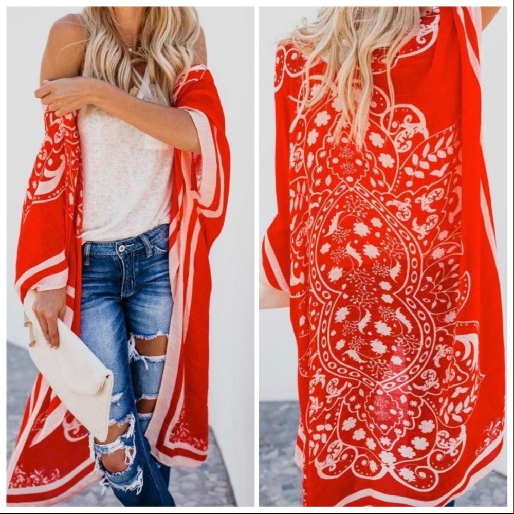 NEW‼️LAST 1‼️RED WHITE DUSTER - kimono - Picture 3 of 5